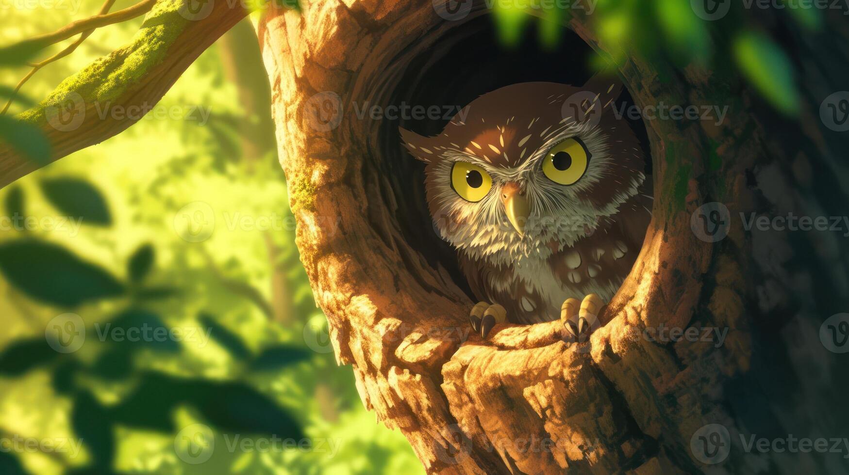A wise owl peering from its cozy tree hollow in a vibrant, sunlit forest setting photo