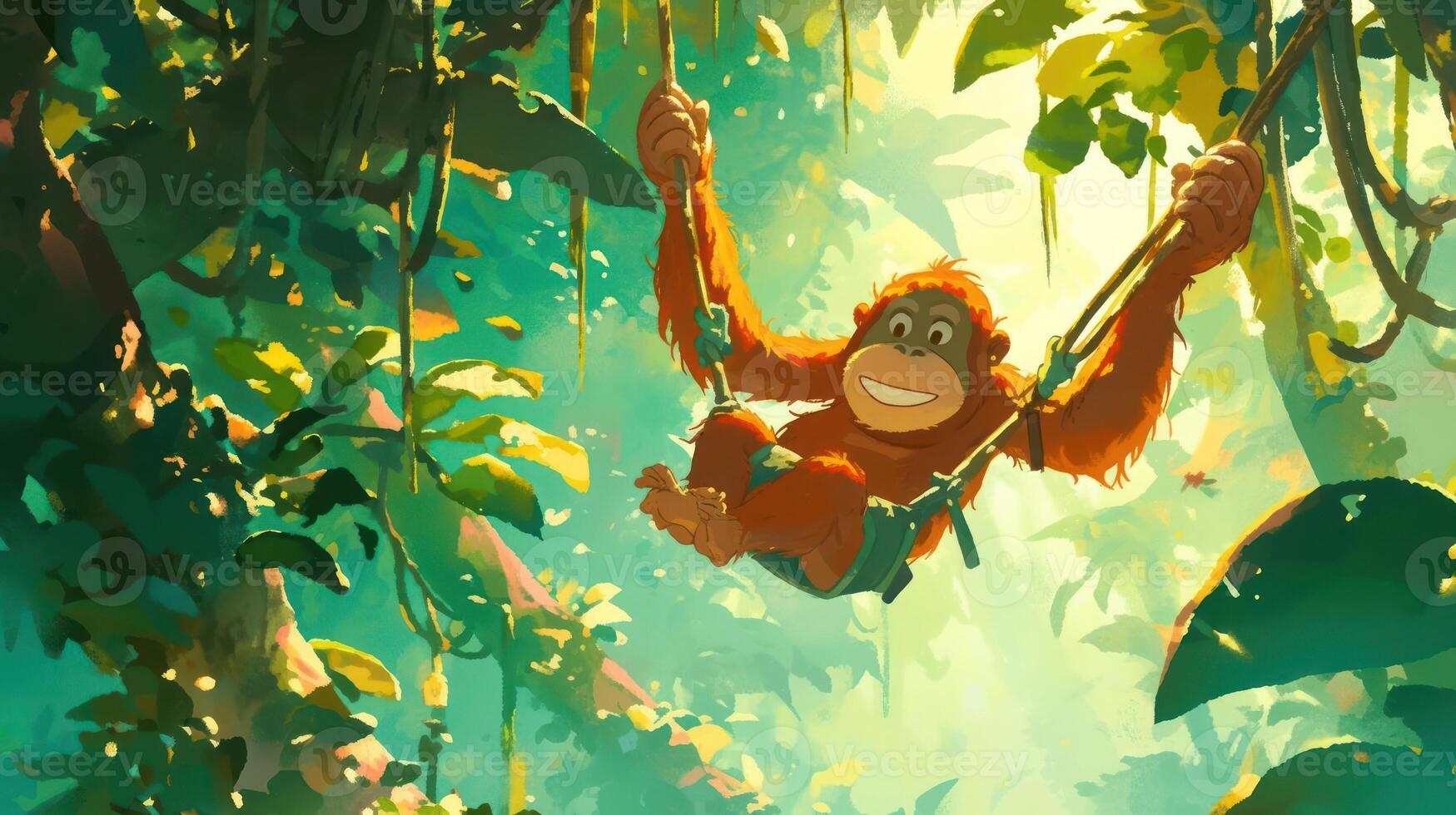 Playful monkey swinging joyfully through lush jungle, surrounded by vibrant greenery and sunlight photo
