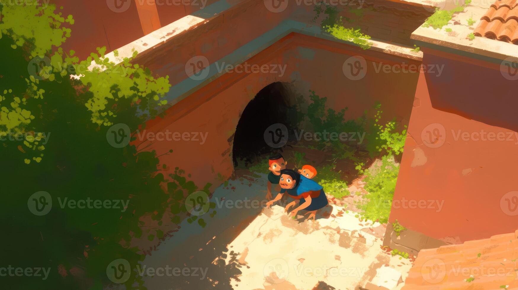 Two children exploring an overgrown alleyway, surrounded by vibrant greenery and old architecture photo