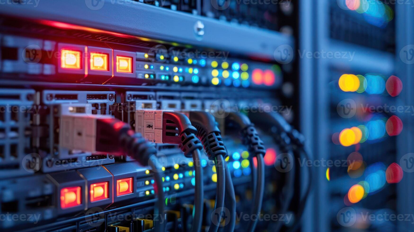 Close-up view of illuminated server racks in a data center showcasing network cables and lights photo