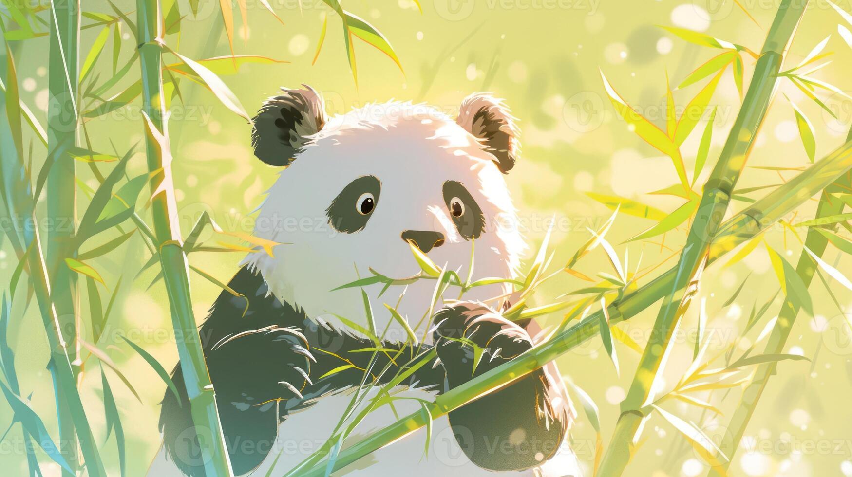 Cute panda munching on bamboo in a serene, sunlit forest with soft bokeh background photo
