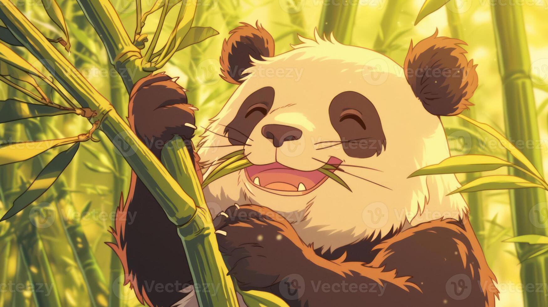 Happy panda enjoying bamboo in a lush green forest, surrounded by vibrant foliage and sunlight photo