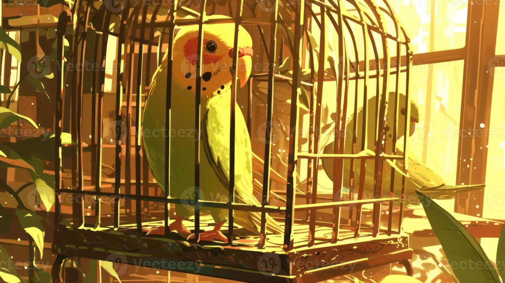 Colorful parakeet in a cage surrounded by lush greenery and soft sunlight filtering through photo