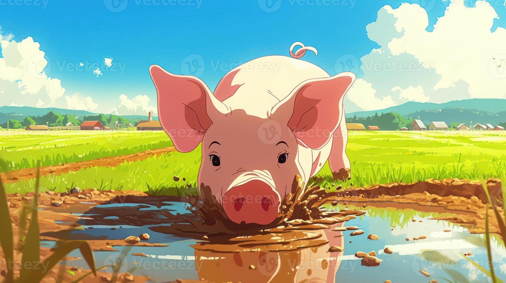 Playful piglet splashing in muddy puddle on sunny farm with vibrant green fields and distant hills photo