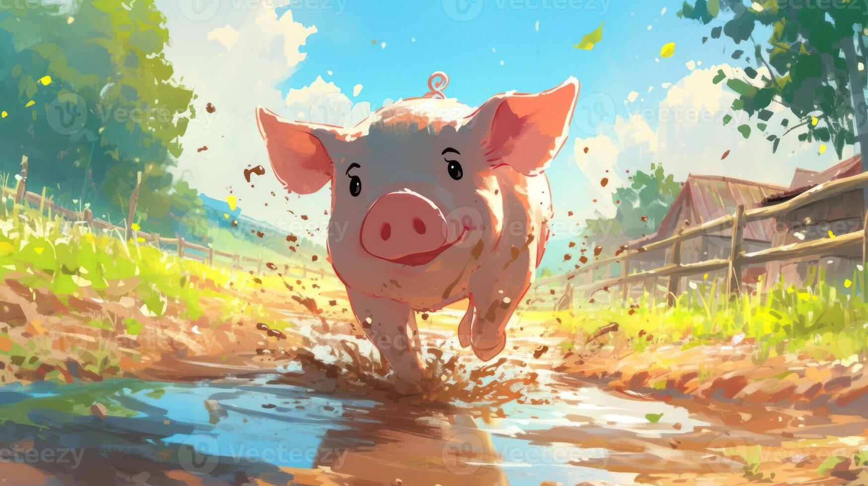 Playful pig splashing through muddy puddle in sunny farm landscape with distant barns photo