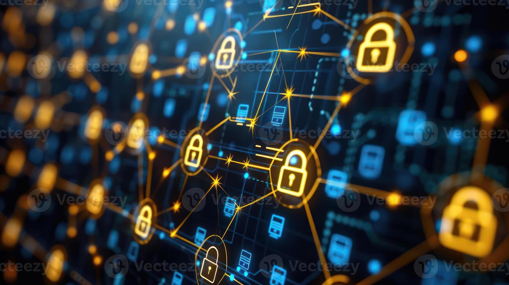 Abstract digital network with interconnected locks symbolizing cybersecurity and data protection photo
