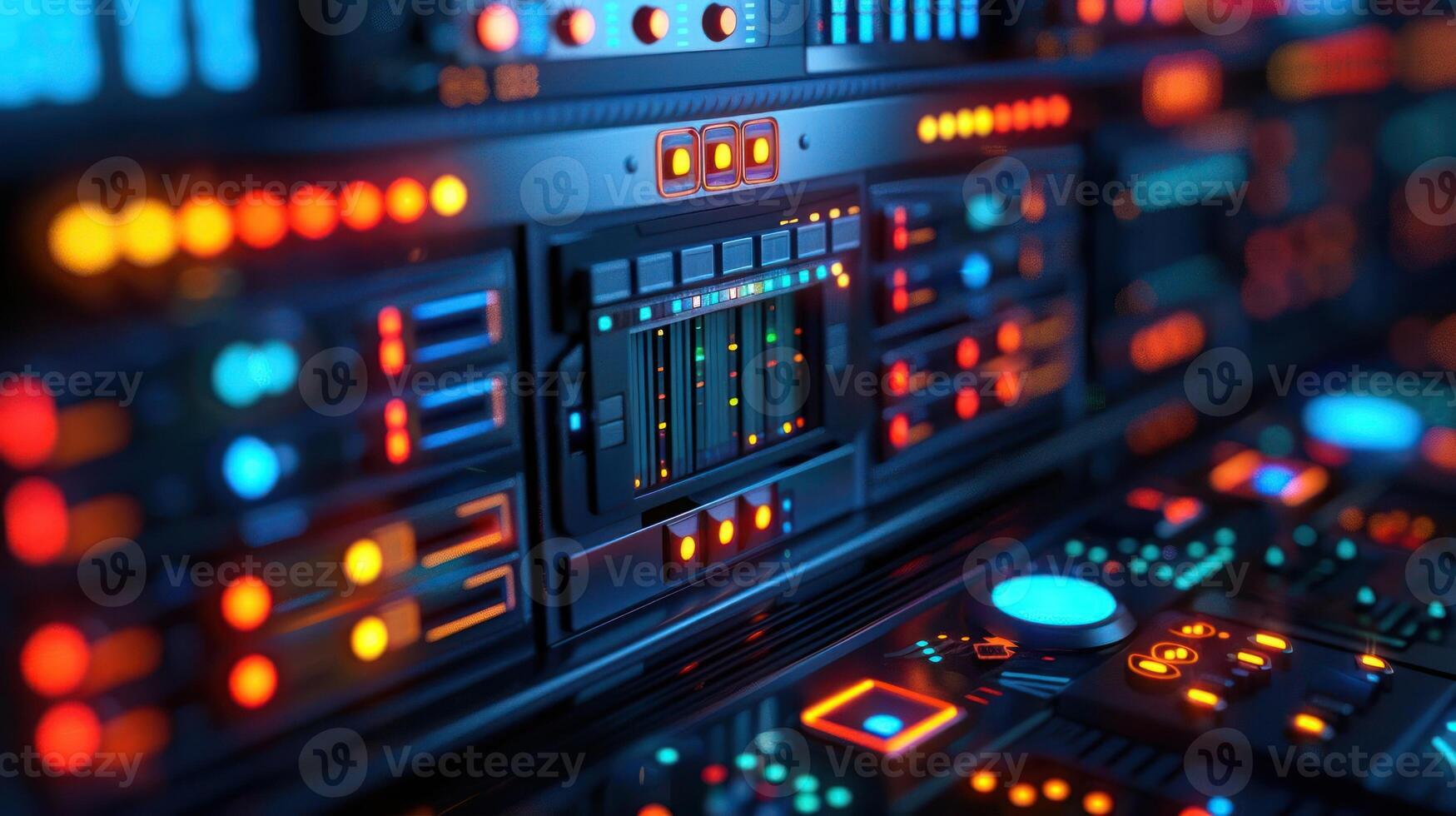 Close-up view of a futuristic control panel with glowing buttons and intricate designs photo