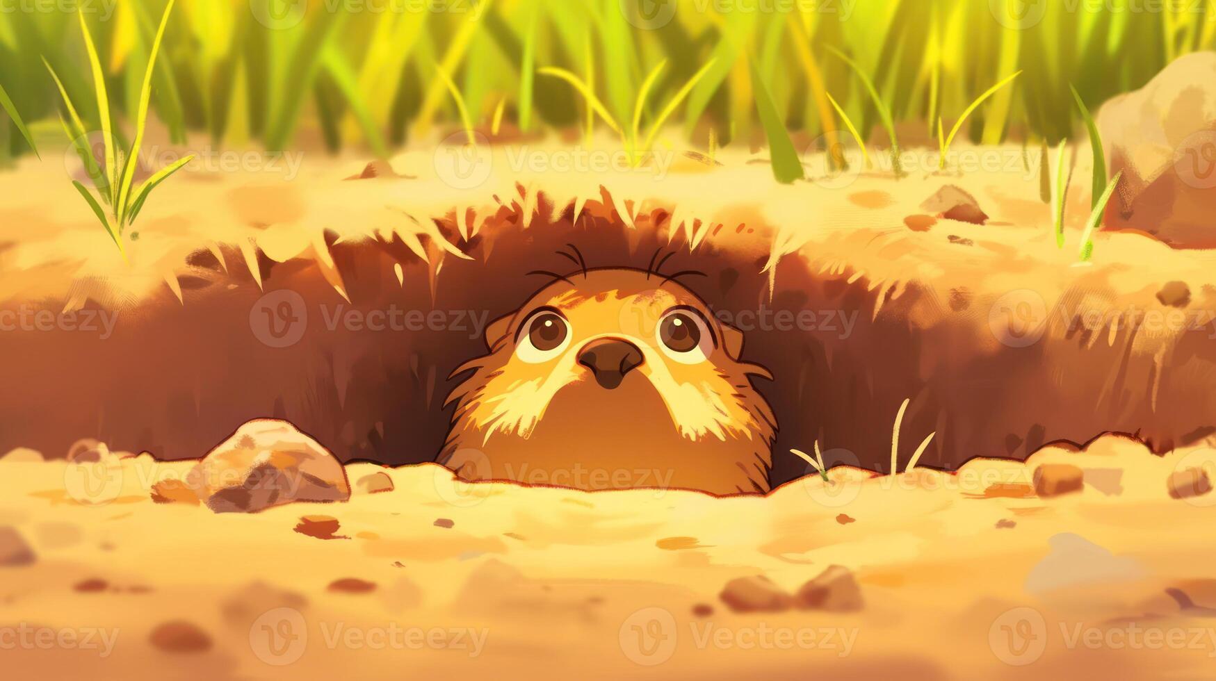 A curious otter peeks out from its burrow in a vibrant, sunlit grassy landscape photo