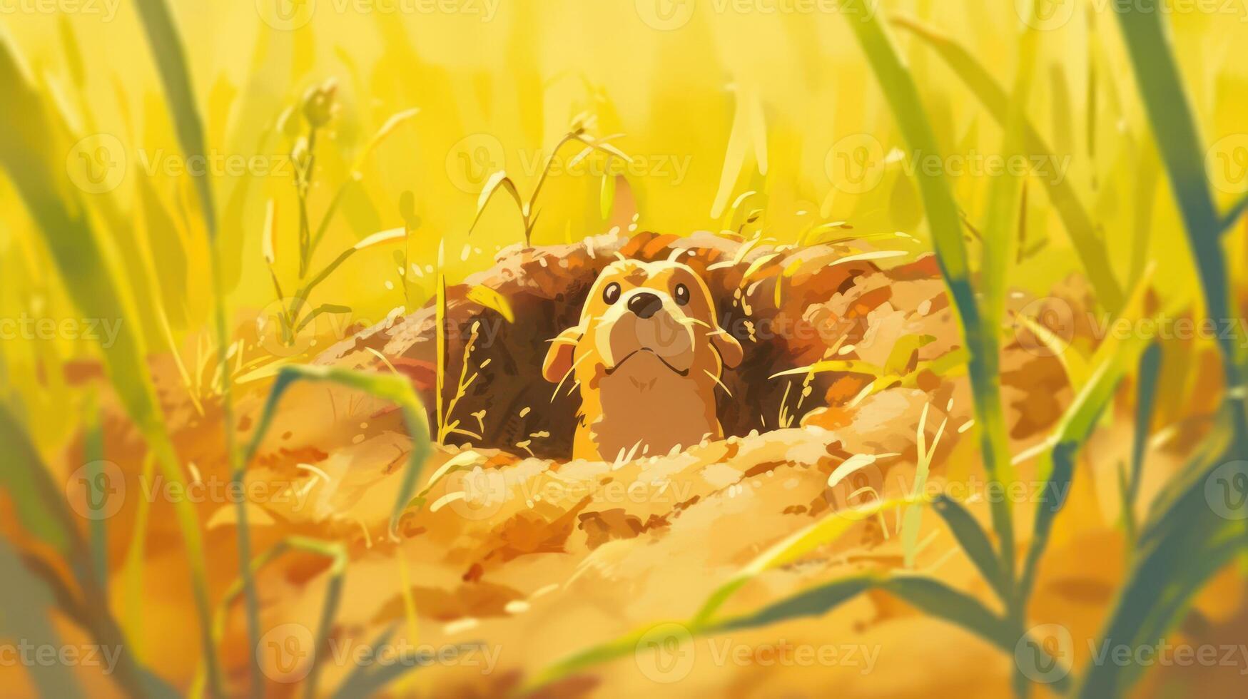 A curious animal peeks out from its burrow in a sunlit grassy field, surrounded by vibrant vegetation photo