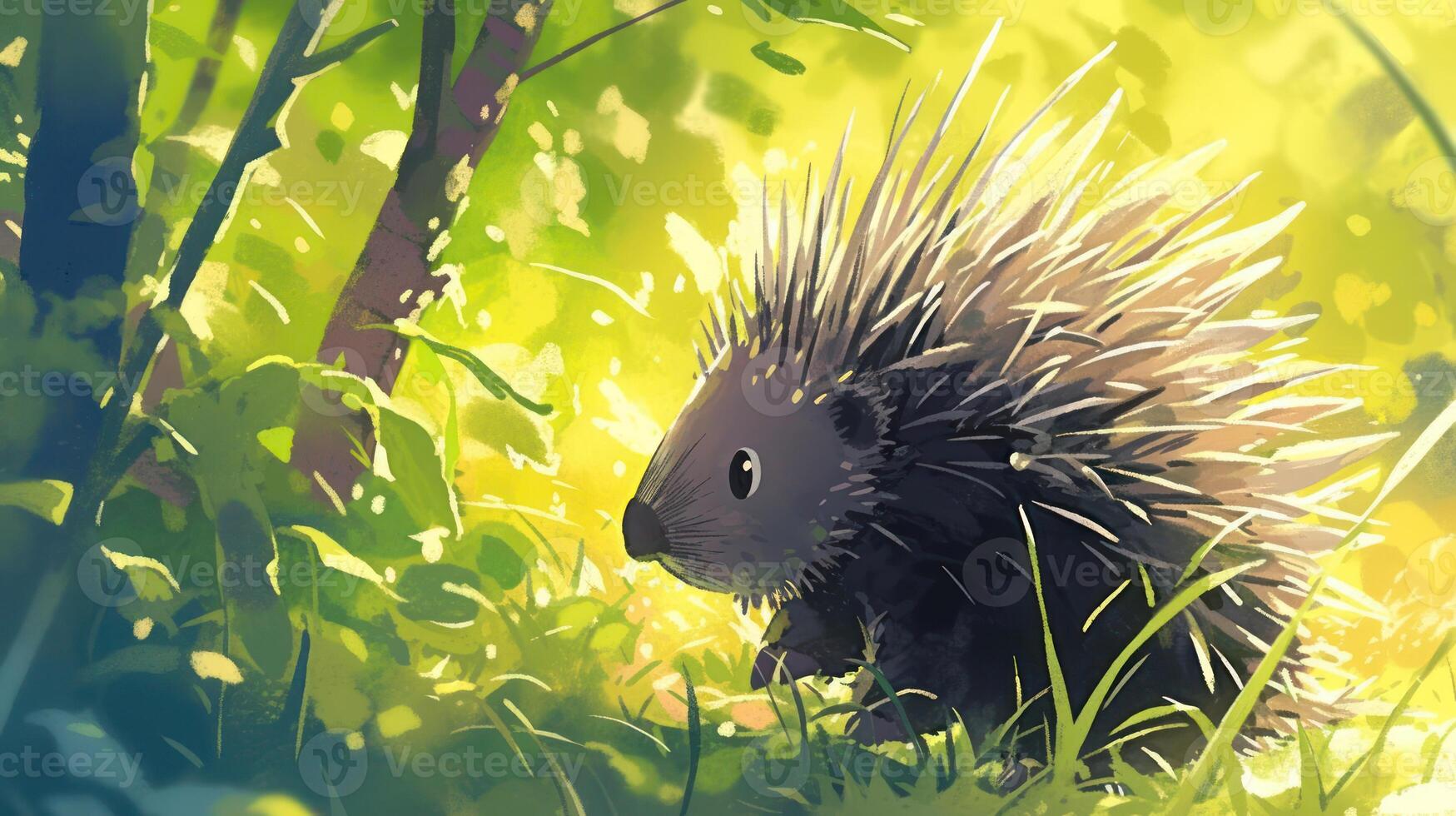 A detailed illustration of a porcupine exploring a lush green forest under soft sunlight photo
