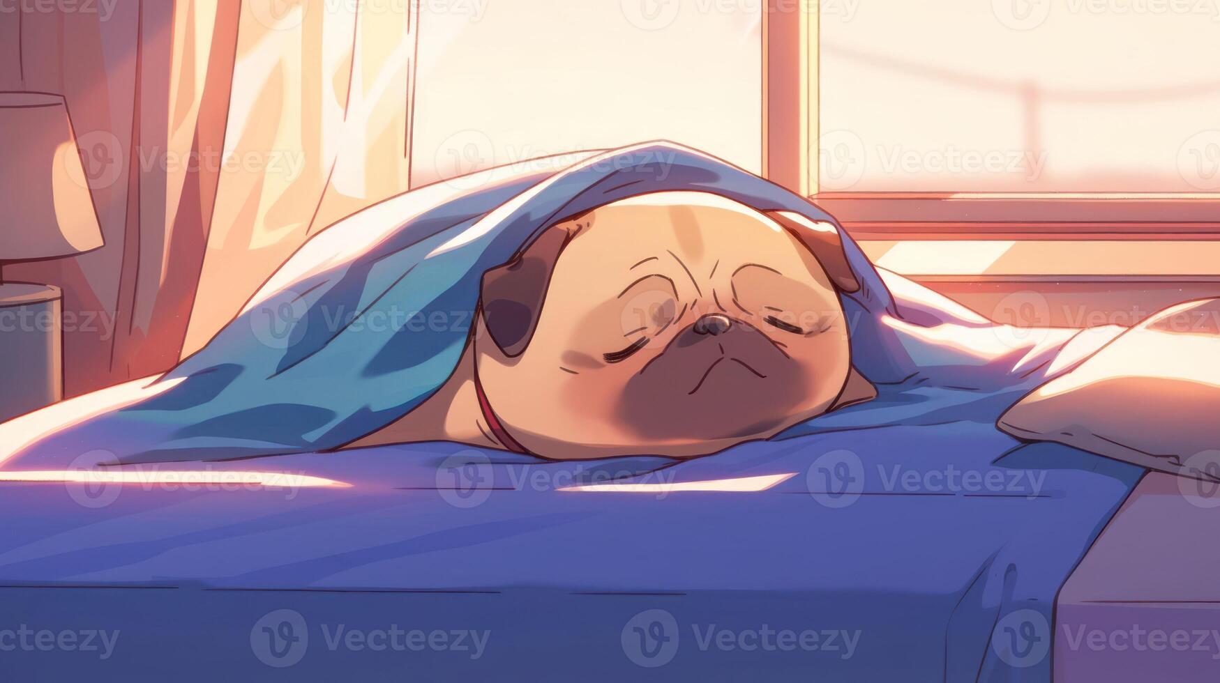 A peaceful pug sleeping under a cozy blanket in a sunlit bedroom during morning hours photo