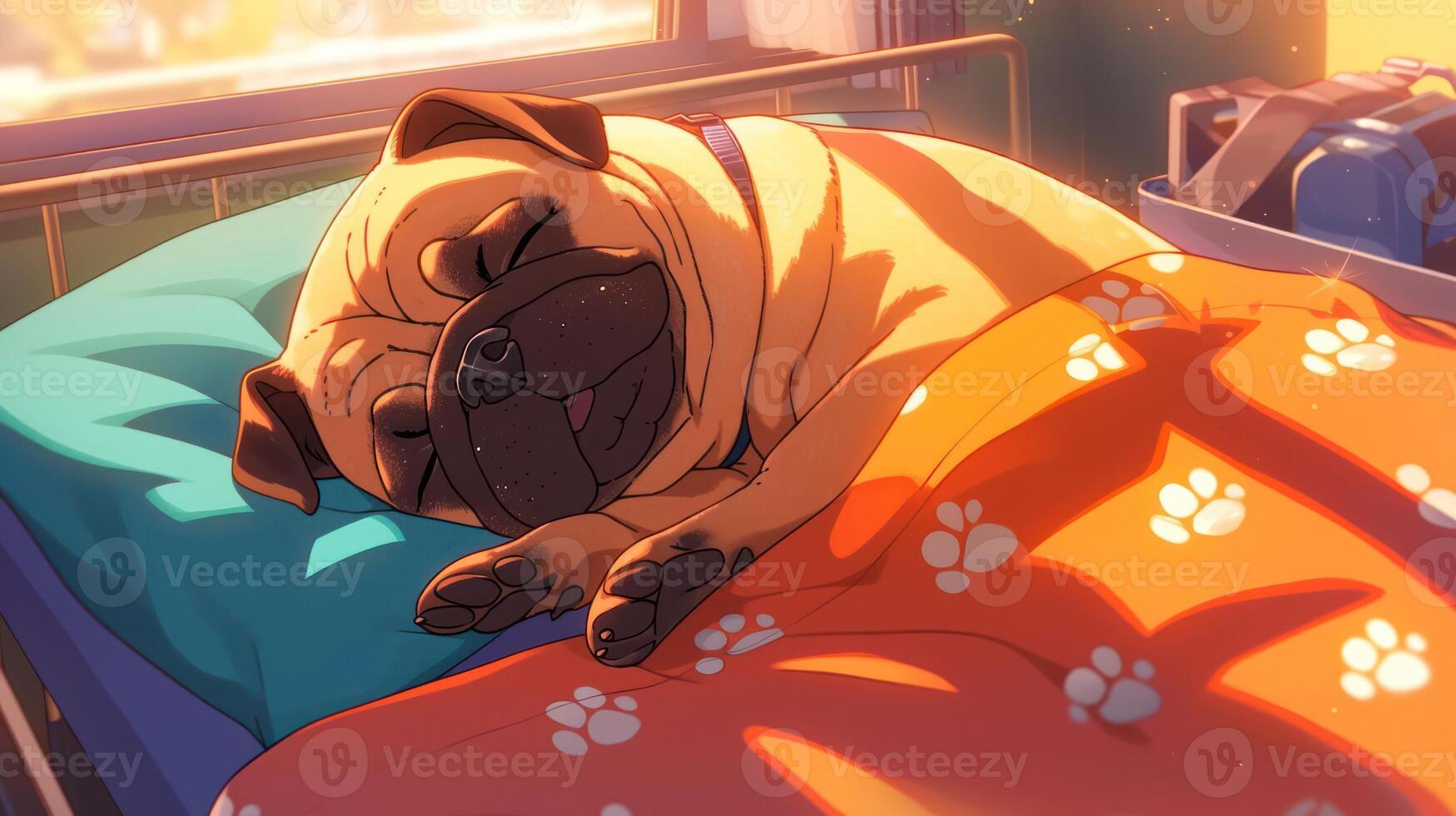 A peaceful pug sleeping on a colorful blanket in a sunlit room with soft shadows photo