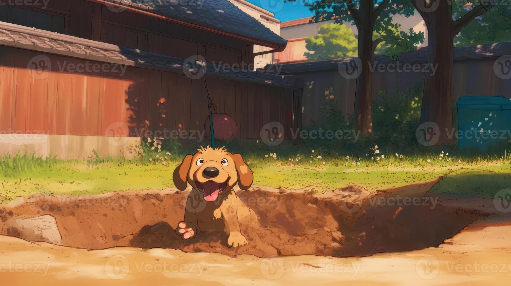 Playful puppy joyfully digging a hole in a sunny backyard with a wooden fence and trees photo