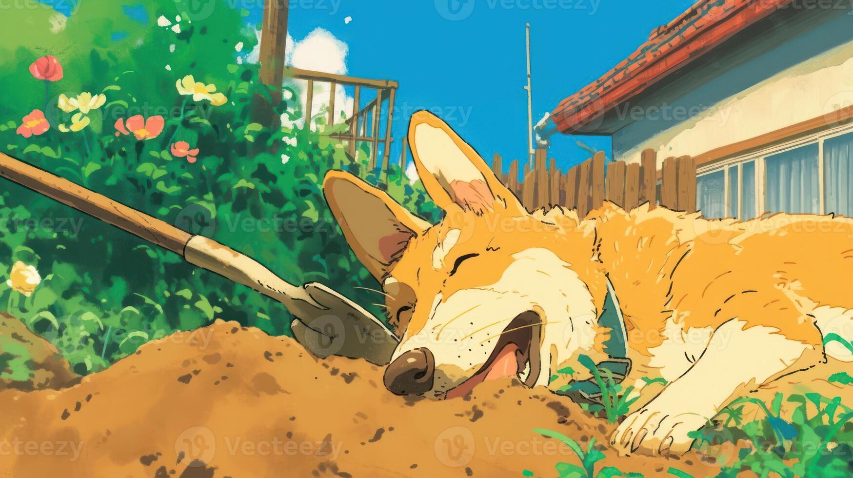 Happy corgi resting in a sunny garden with a shovel nearby and colorful flowers in the background photo