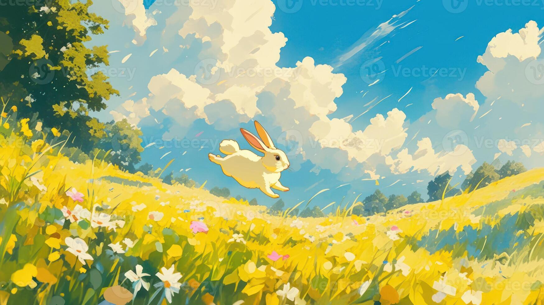 A joyful rabbit leaps through a vibrant meadow filled with colorful flowers under a bright sky photo