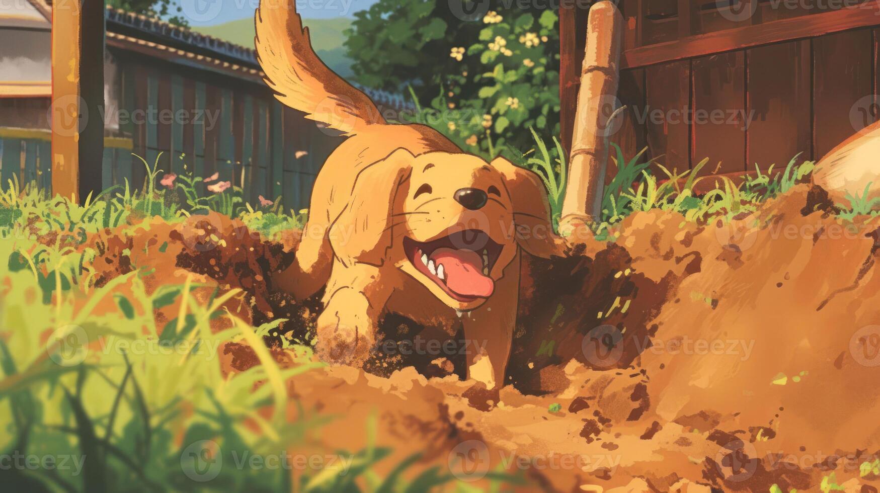 Playful golden retriever joyfully digging in a sunny garden with lush greenery and flowers photo