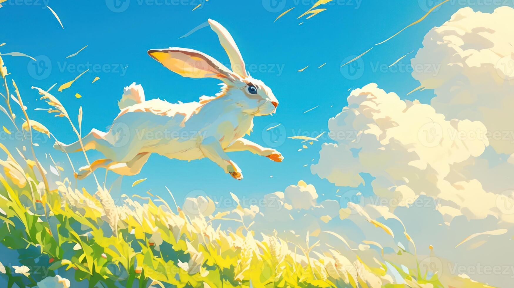 A white rabbit leaps joyfully across a vibrant green hill under a bright blue sky filled with clouds photo