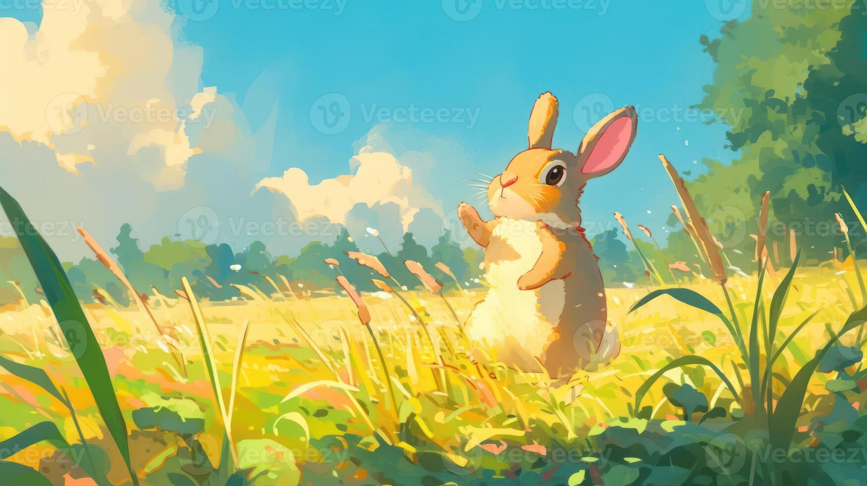 A cute rabbit exploring a vibrant meadow under a sunny sky, surrounded by wildflowers photo