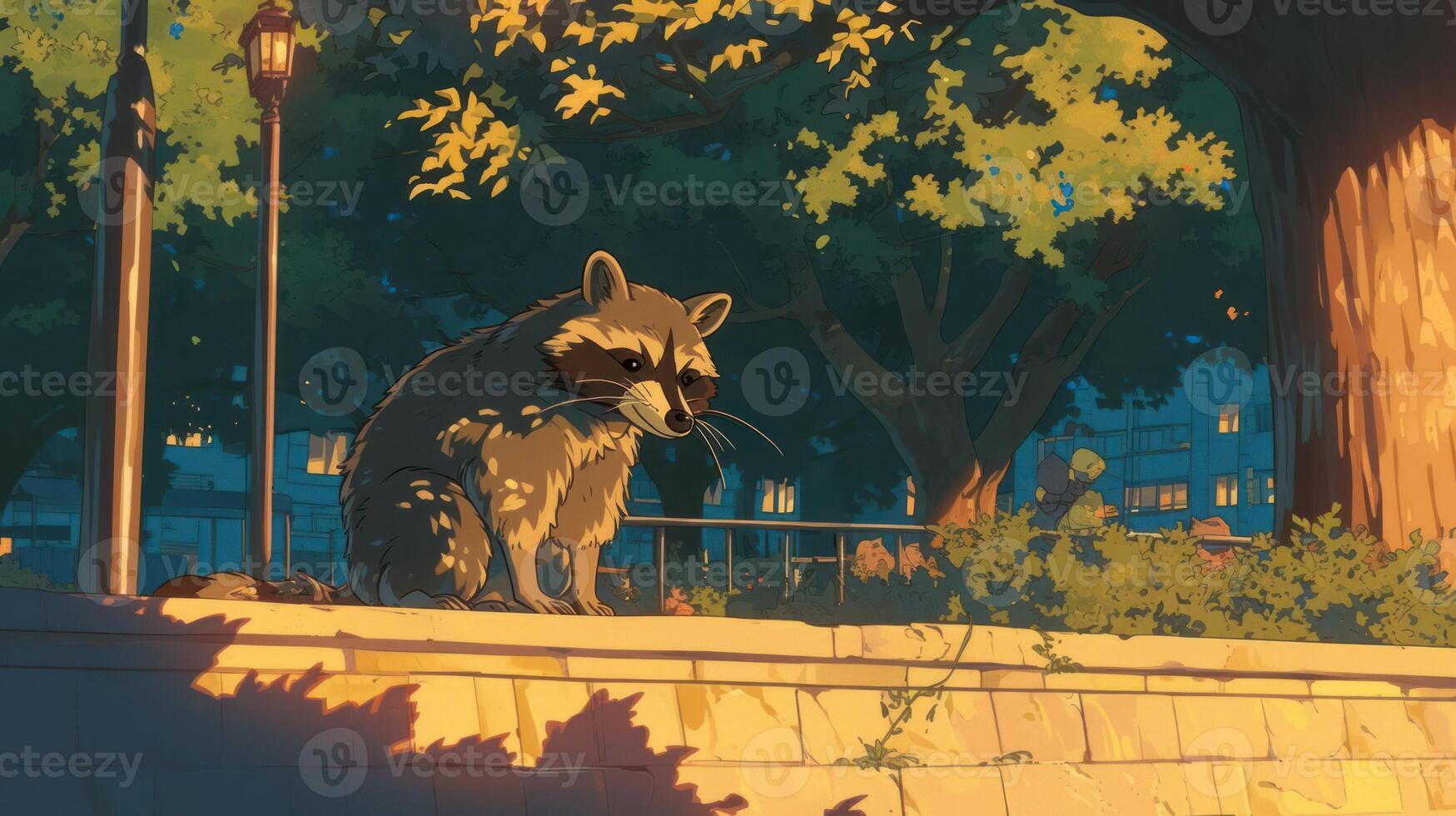A raccoon sitting on a stone wall in a park during twilight, surrounded by lush trees and city lights photo