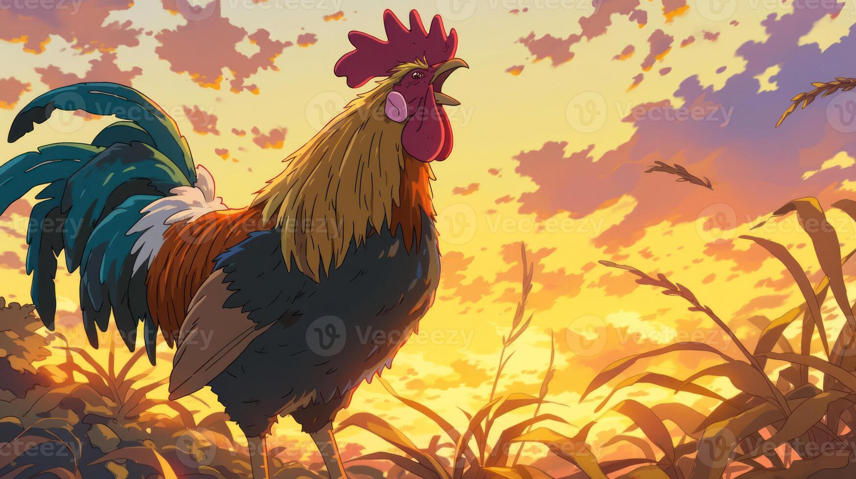 Majestic rooster crowing at sunrise in a vibrant field, capturing the essence of morning tranquility photo