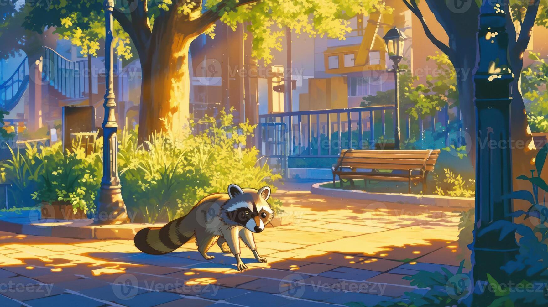 A raccoon strolls through a sunlit park, surrounded by lush greenery and benches photo