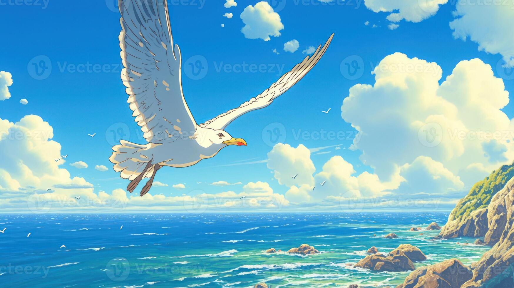 A seagull soaring over a vibrant ocean landscape under a bright blue sky with fluffy clouds photo