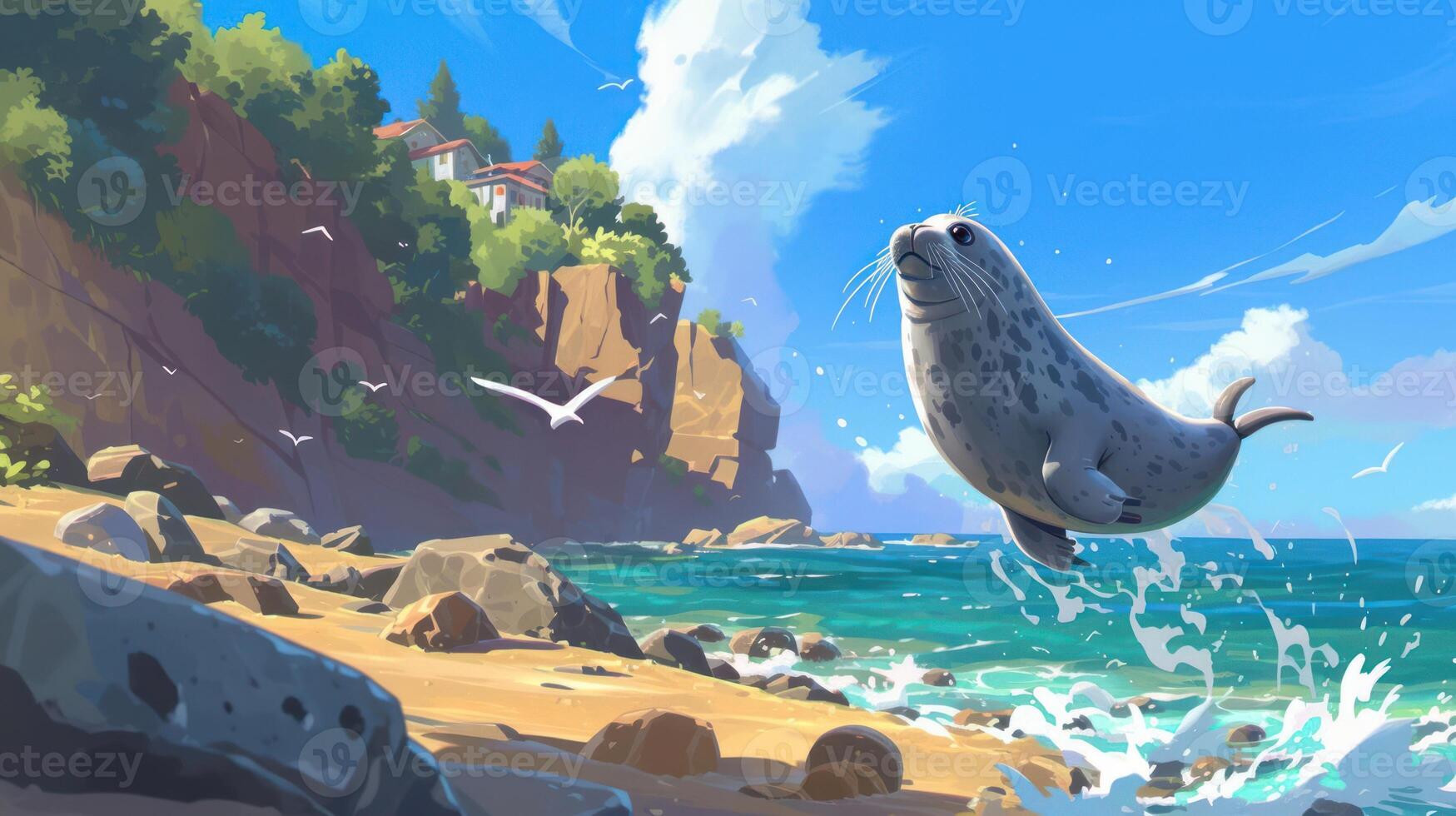 Playful seal leaps from the ocean waves near a sunny beach with cliffs and seagulls flying photo
