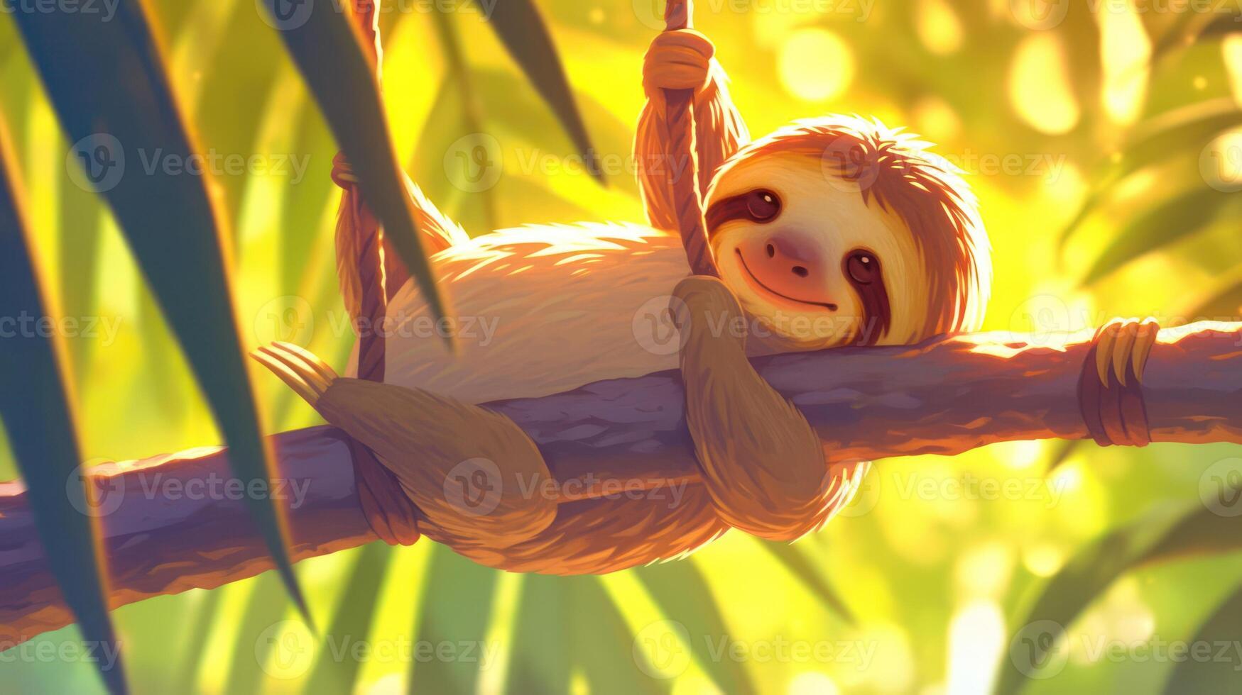 A cheerful sloth hanging from a branch in a vibrant jungle with sunlight filtering through leaves photo
