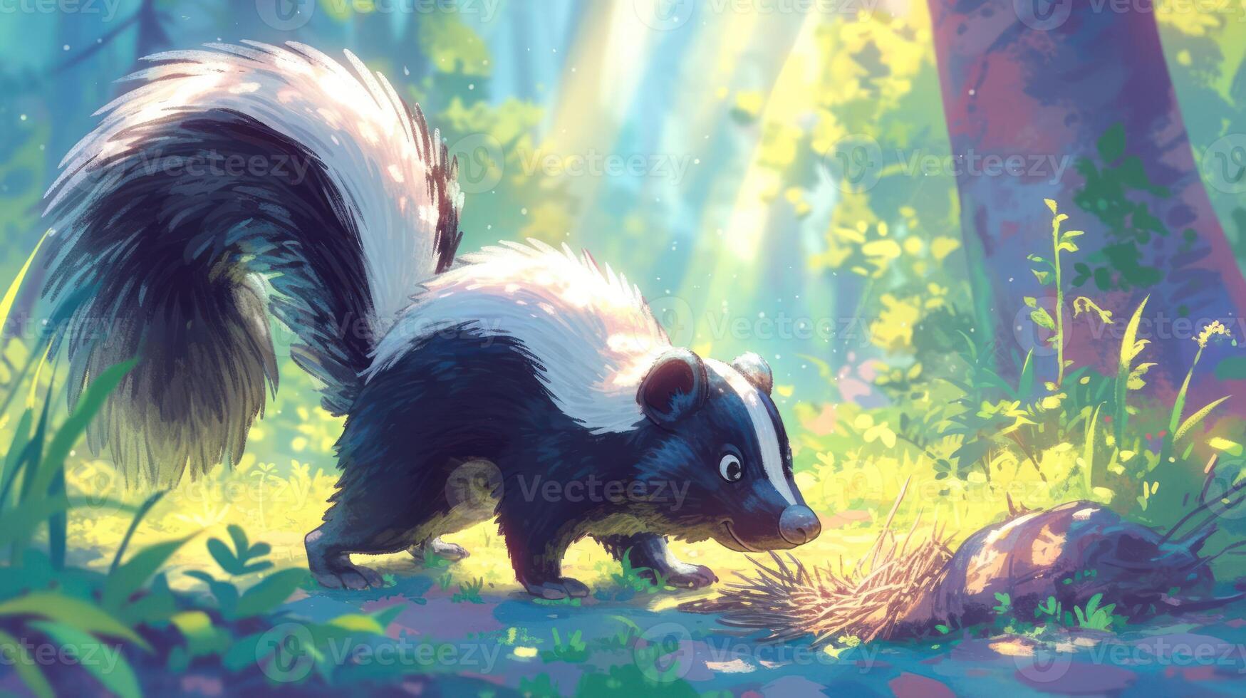 Playful skunk exploring a sunlit forest, surrounded by vibrant greenery and soft light photo