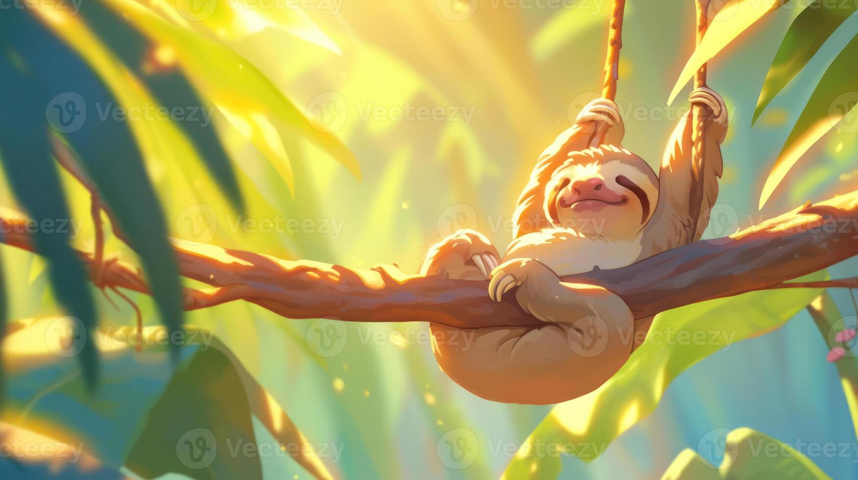 A sloth peacefully hanging on a branch in a vibrant rainforest, surrounded by lush greenery and sunlight photo