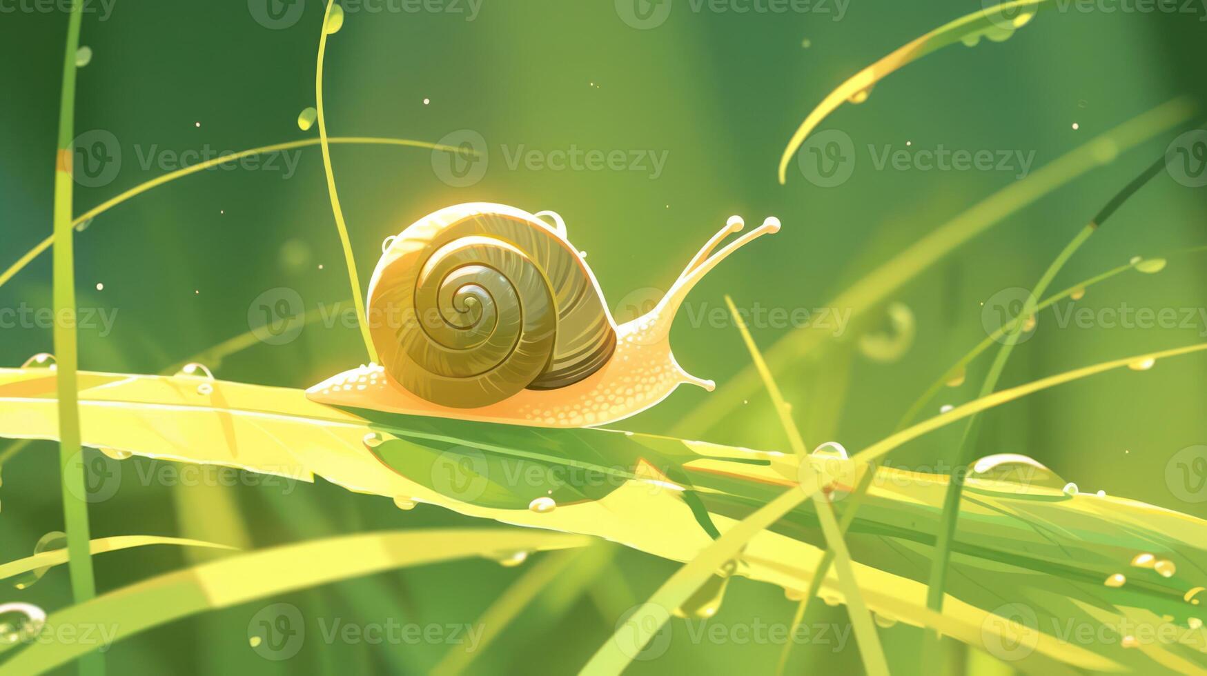 Golden snail gliding on a dewy green leaf under soft sunlight in a serene natural setting photo