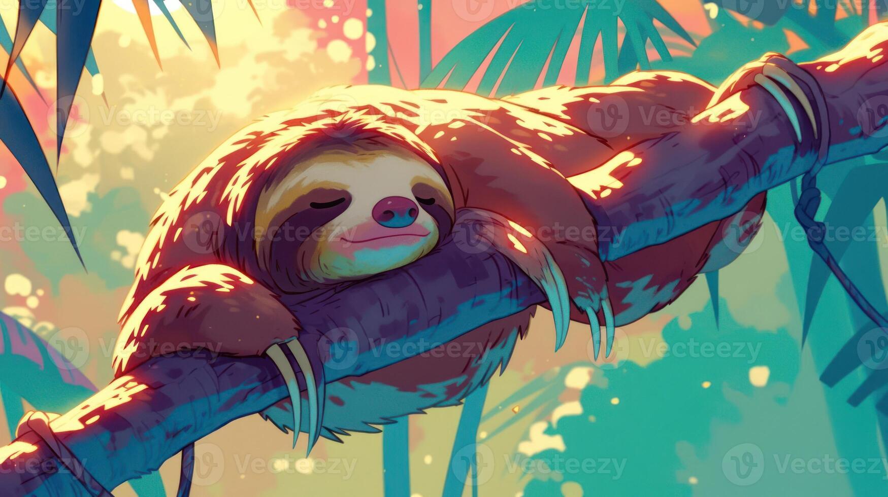 A peaceful sloth resting on a branch amidst a vibrant jungle backdrop filled with sunlight photo