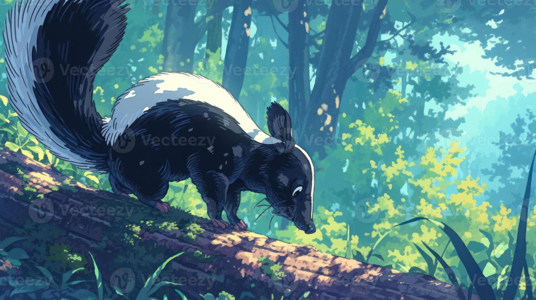 A curious skunk exploring a vibrant forest, surrounded by lush greenery and soft sunlight photo