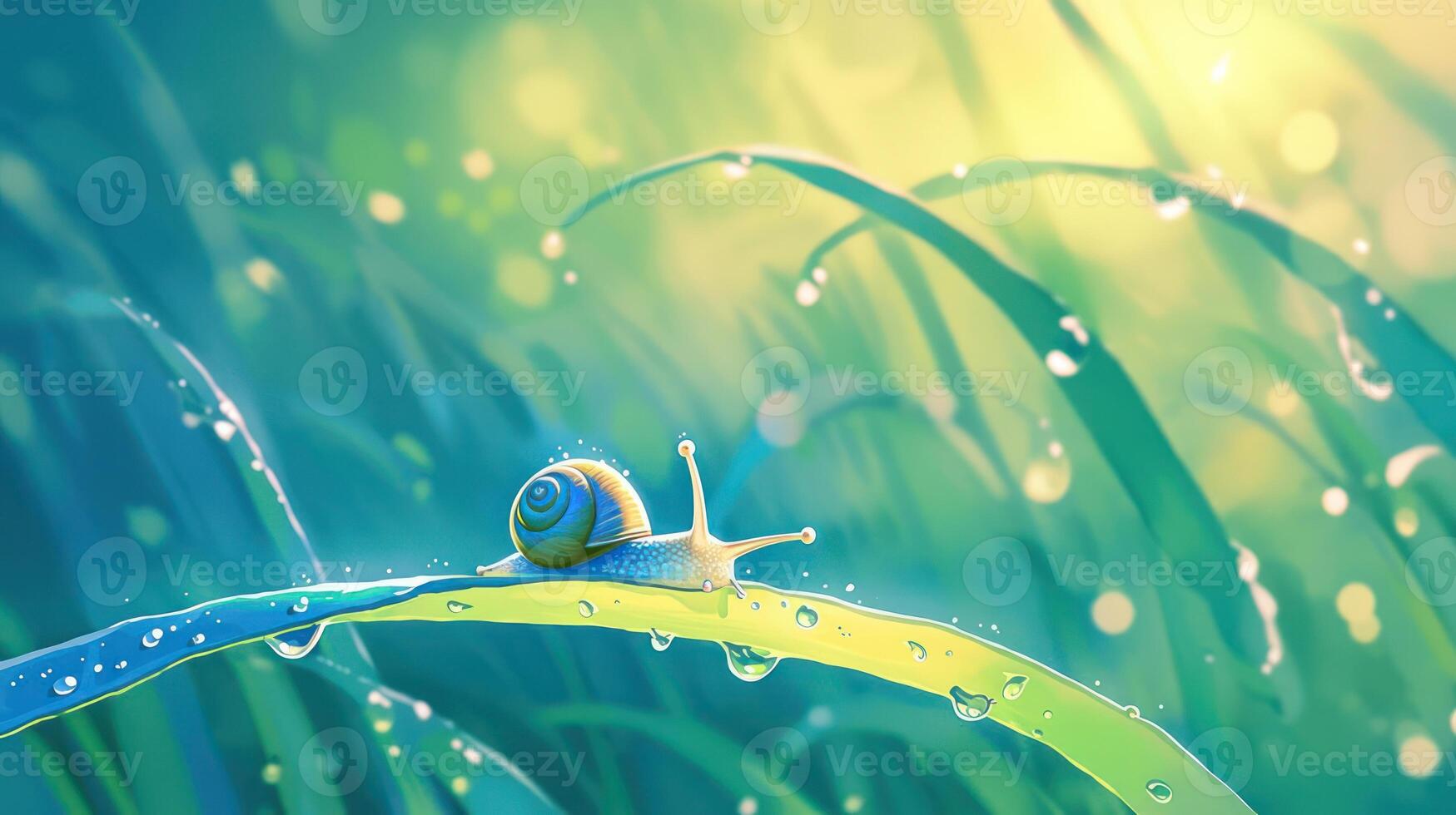 A vibrant close-up of a snail on a dewy green leaf in a lush, sunlit environment photo