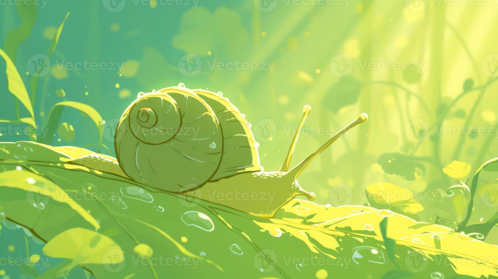 A serene snail gliding over a dewy leaf in a sunlit green forest, surrounded by vibrant foliage photo