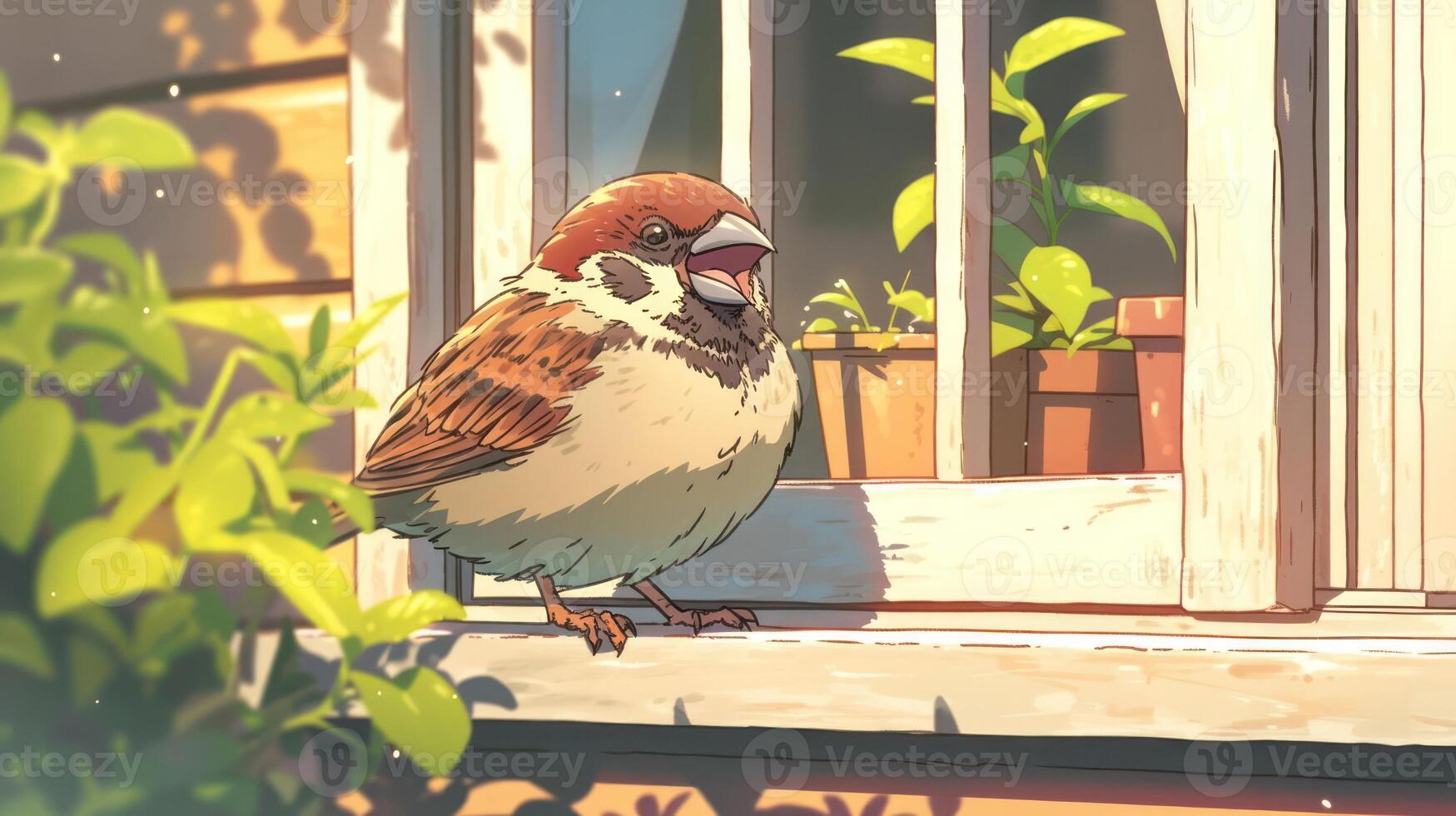 Cheerful sparrow perched on a sunlit windowsill, surrounded by greenery and potted plants photo