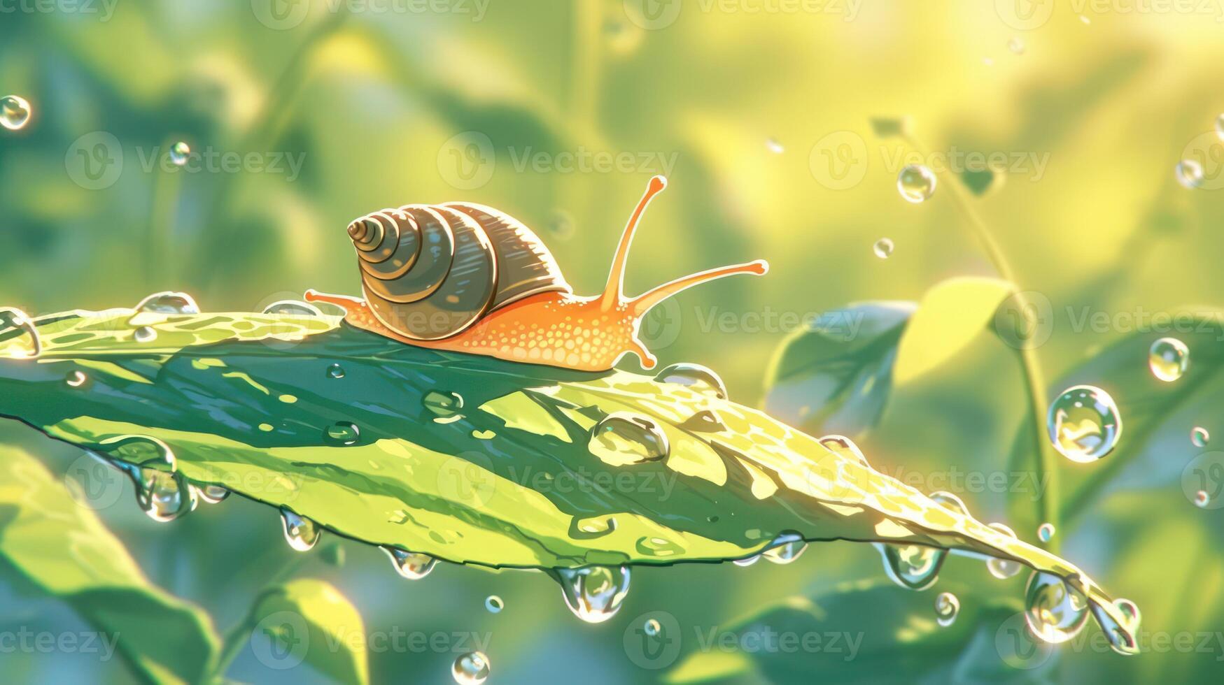 A close-up of a snail gliding on a dewy green leaf in a lush, sunlit garden photo
