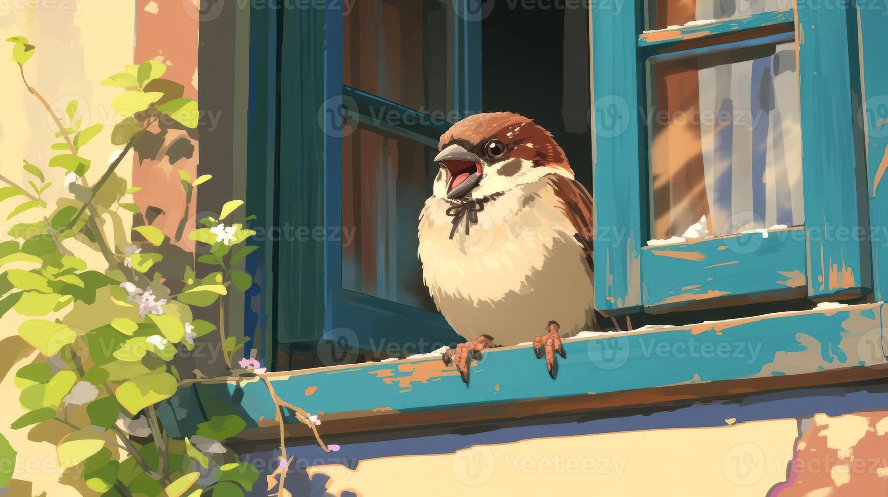 A charming sparrow perched on a window ledge, singing joyfully in a sunny, colorful setting photo