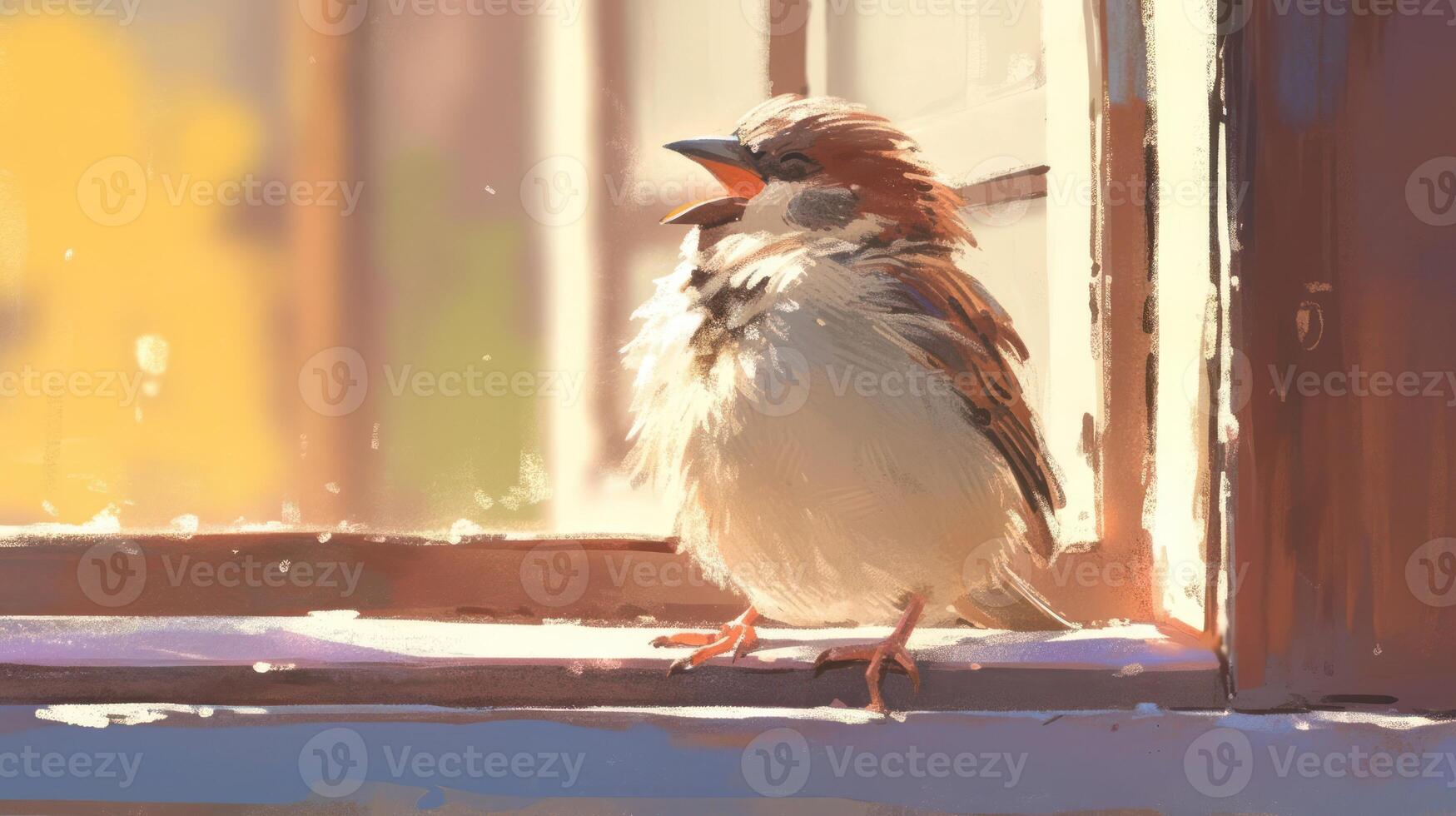 A cheerful bird perched on a windowsill, singing in the warm sunlight with a blurred garden view photo