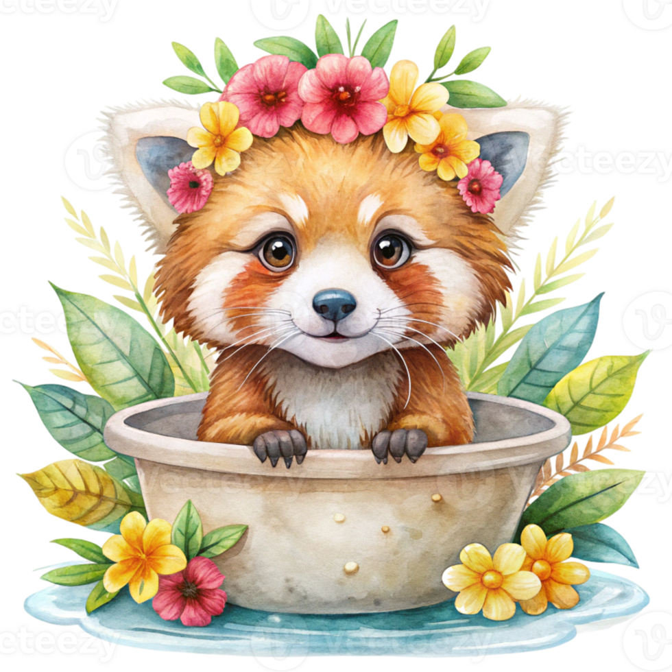 watercolor illustration of red panda in a bathtub with flowers png