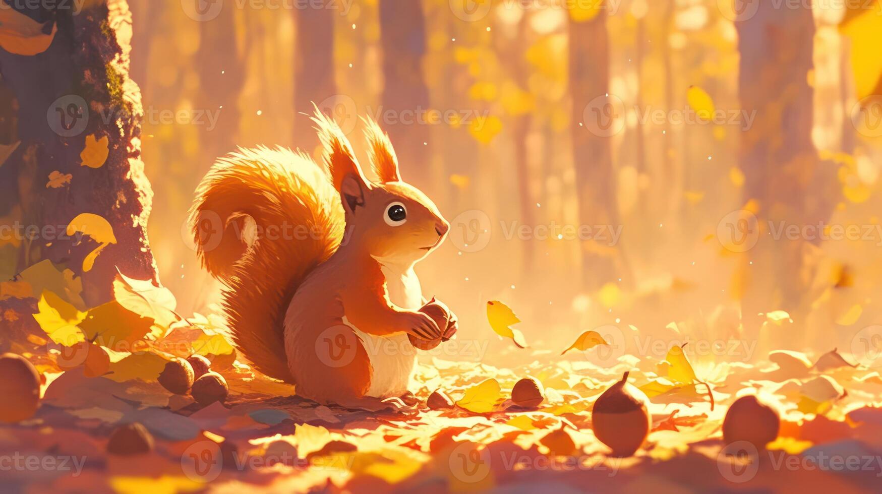 A curious squirrel holds an acorn amidst a vibrant autumn forest filled with falling leaves photo
