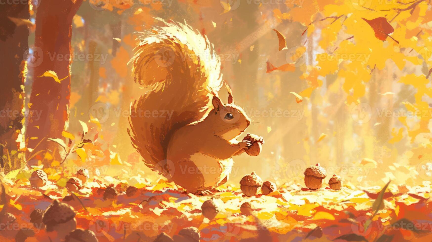 Squirrel Gathering Acorns in Autumn Forest with Sunlight Filtering Through Trees photo