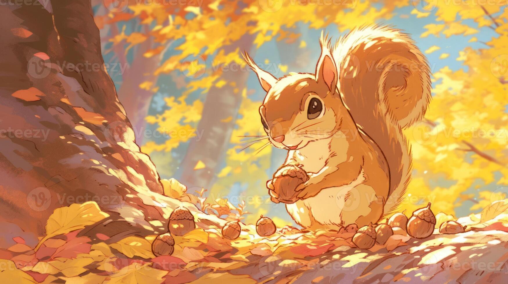 Squirrel Collecting Acorns in Autumn Forest Surrounded by Colorful Leaves and Sunlight photo