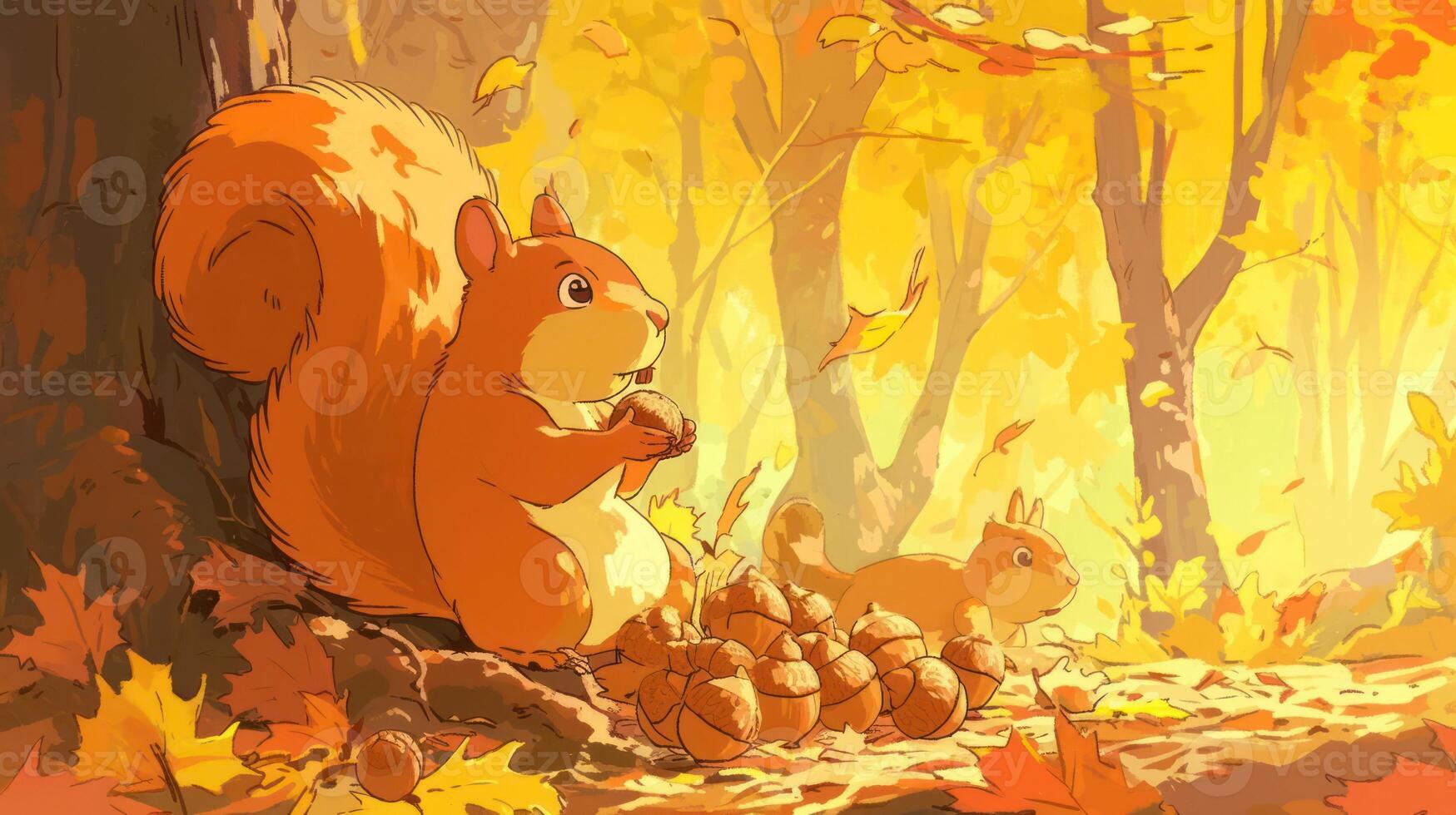 Two playful squirrels gathering acorns in a vibrant autumn forest filled with falling leaves photo