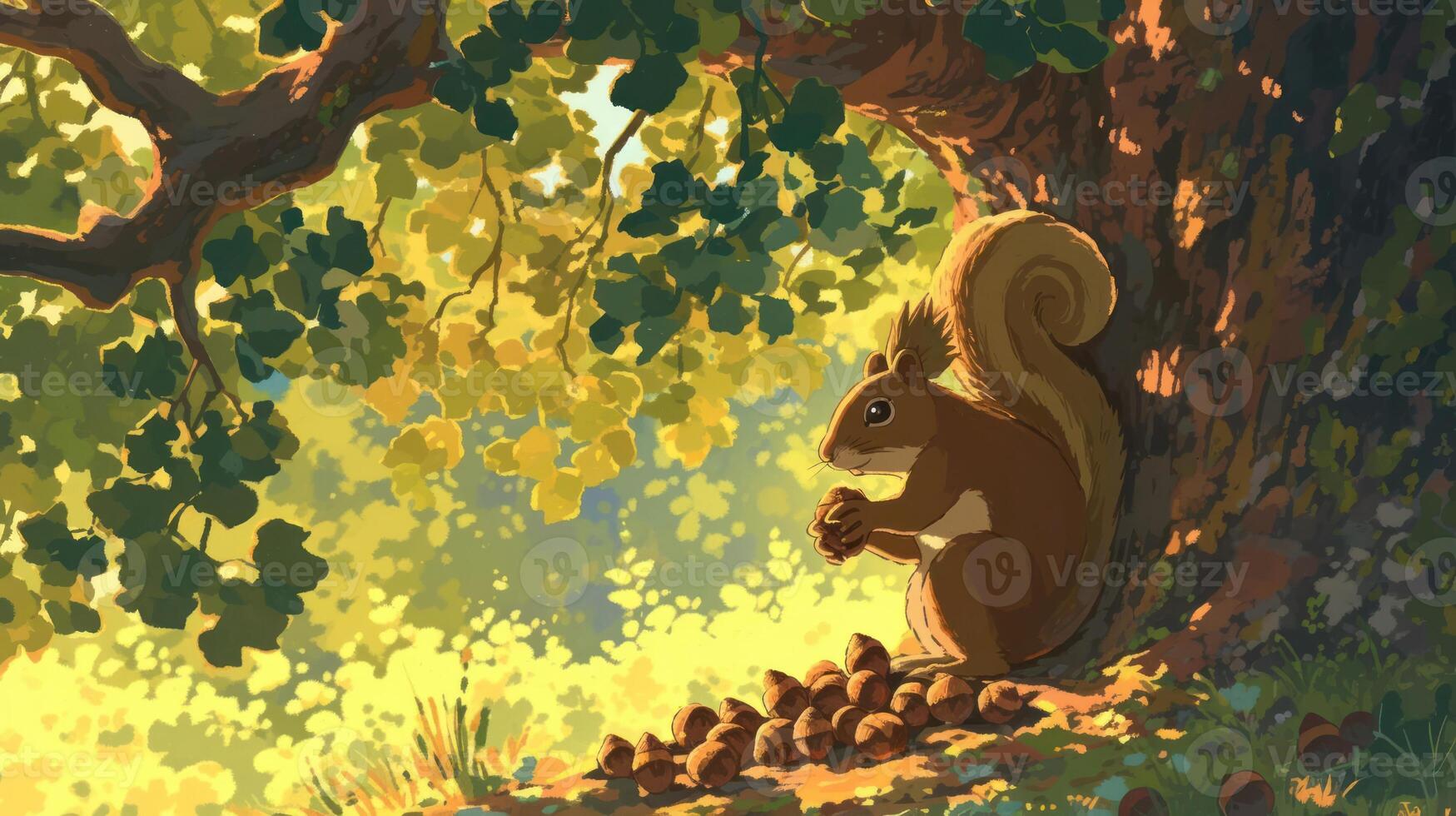Squirrel Sitting Under a Tree, Enjoying Acorns in a Sunlit Forest Clearing photo