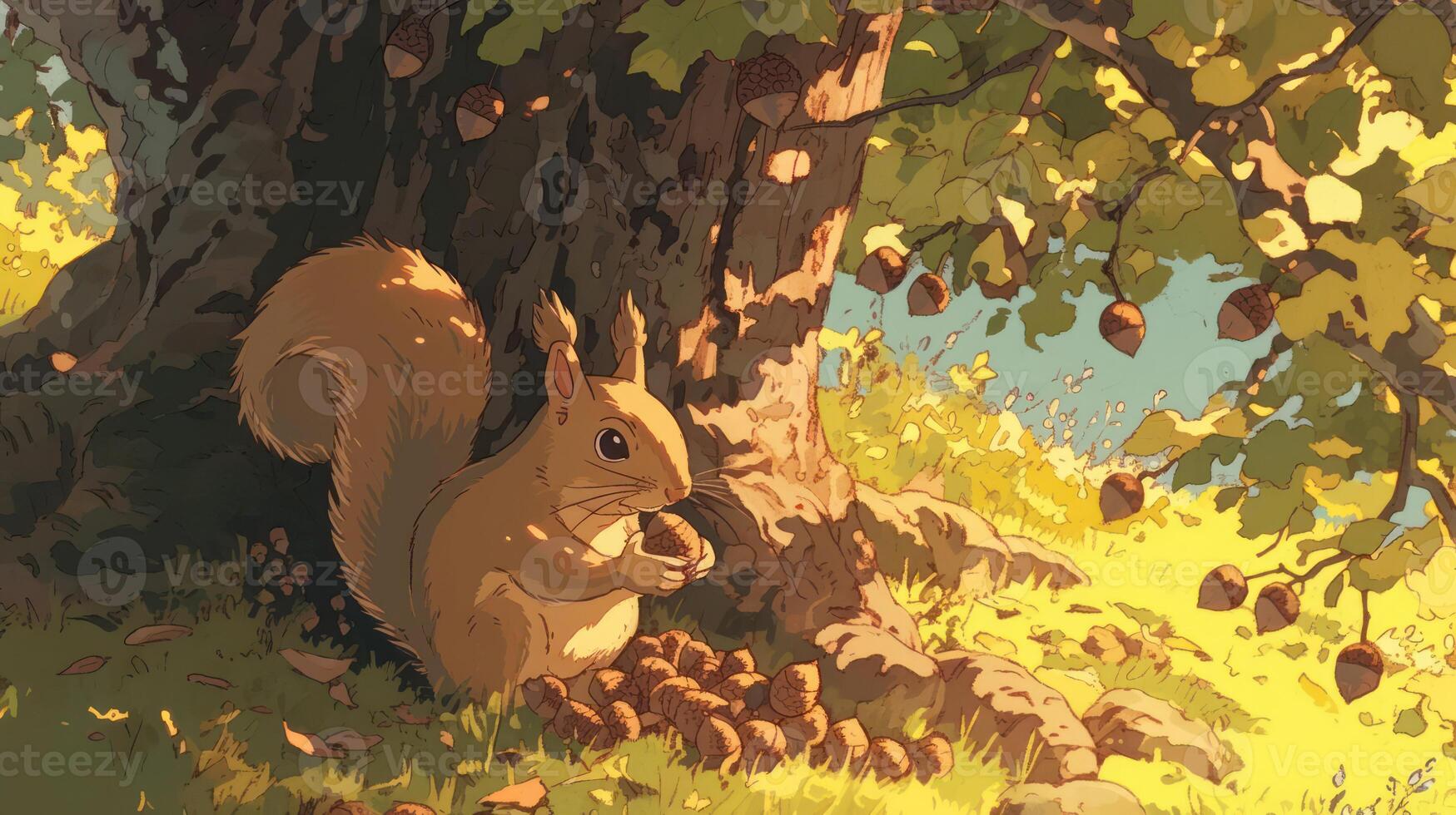 Squirrel Gathering Acorns Under a Tree in a Vibrant Autumn Landscape with Soft Light photo