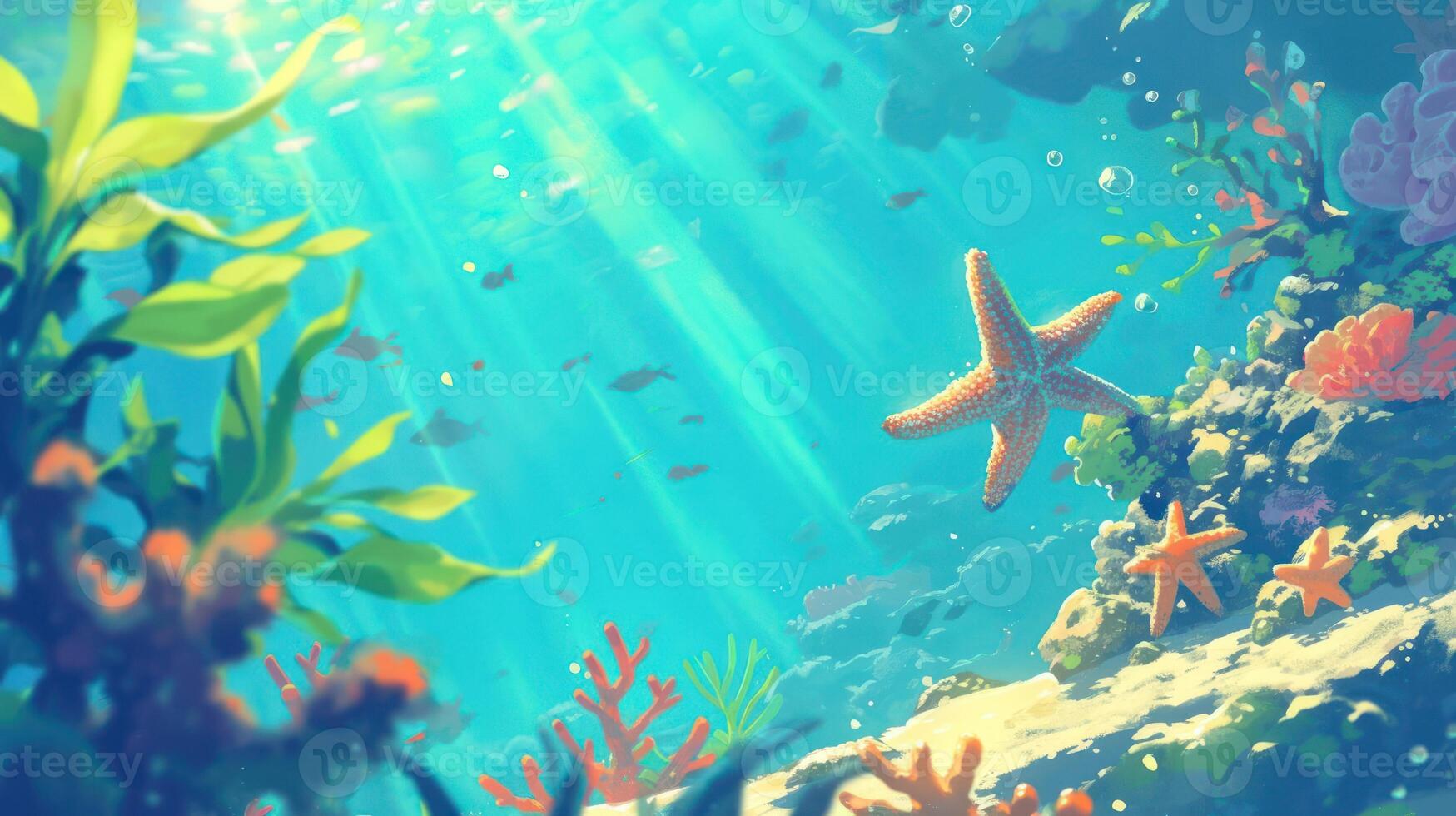 Underwater scene showcasing vibrant coral reefs, starfish, and marine life illuminated by sunlight photo