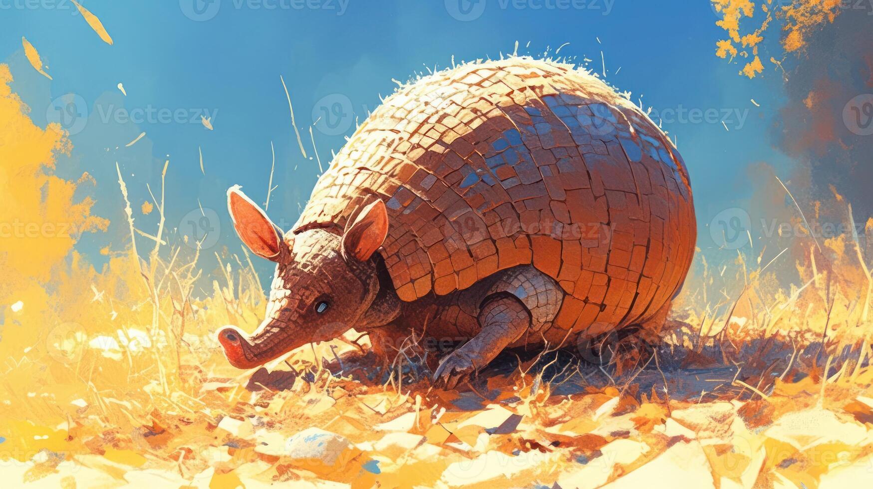 Armadillo foraging in a sunlit meadow surrounded by vibrant foliage and soft grass photo