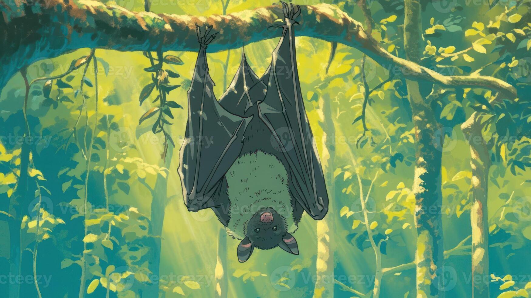 A serene bat hanging upside down from a branch in a lush, sunlit forest with vibrant foliage photo