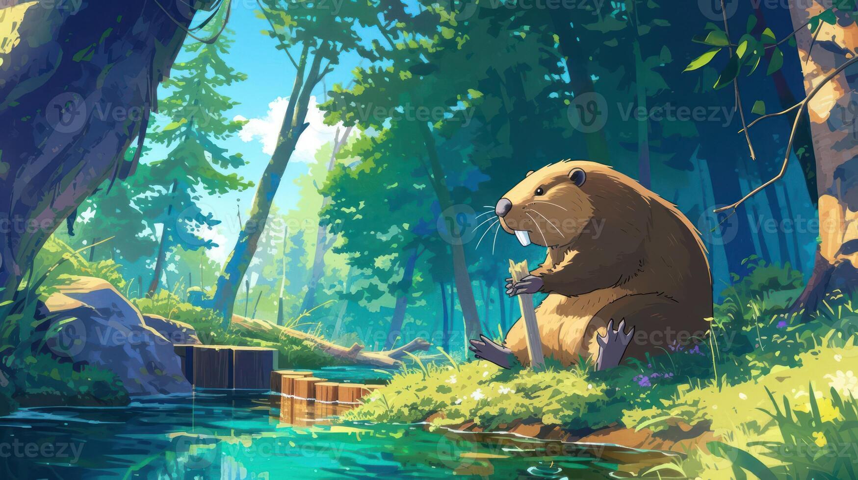 A beaver sitting by a serene forest stream, surrounded by lush greenery and wooden logs photo
